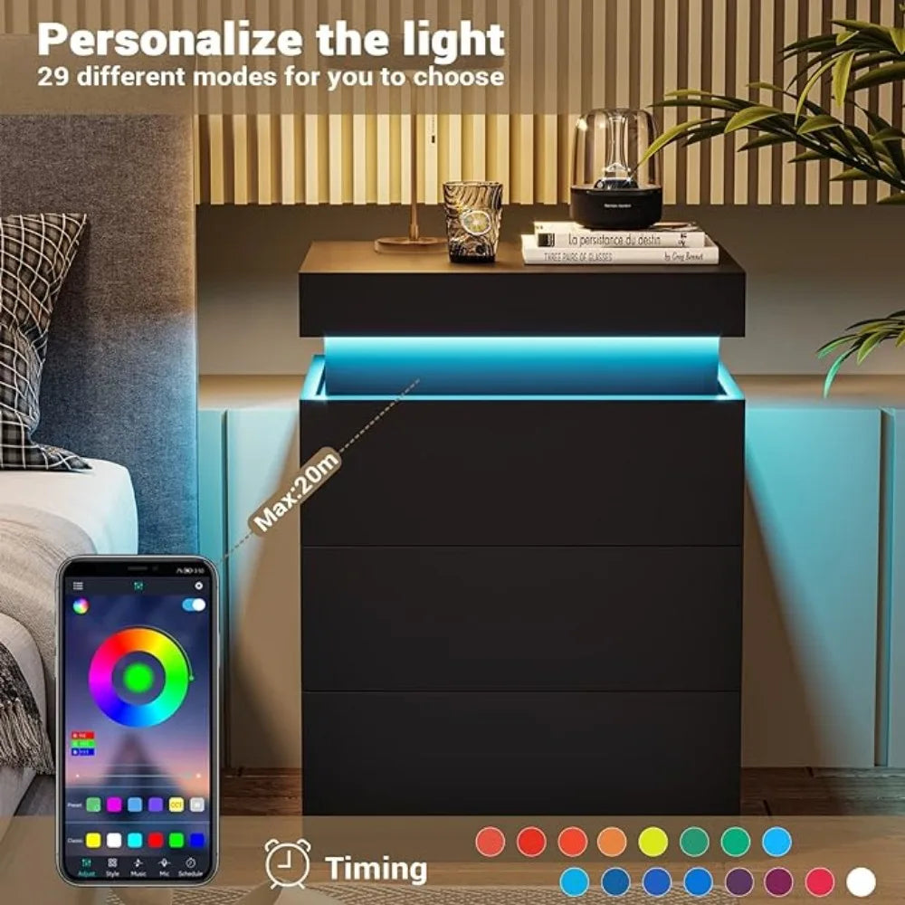 LED Bedside Table With 3 Bedroom Drawers 16-color Lights and 2 AC and 2 USB Ports Bedside Tables for the Bedroom Nightstands - Homeward Trends