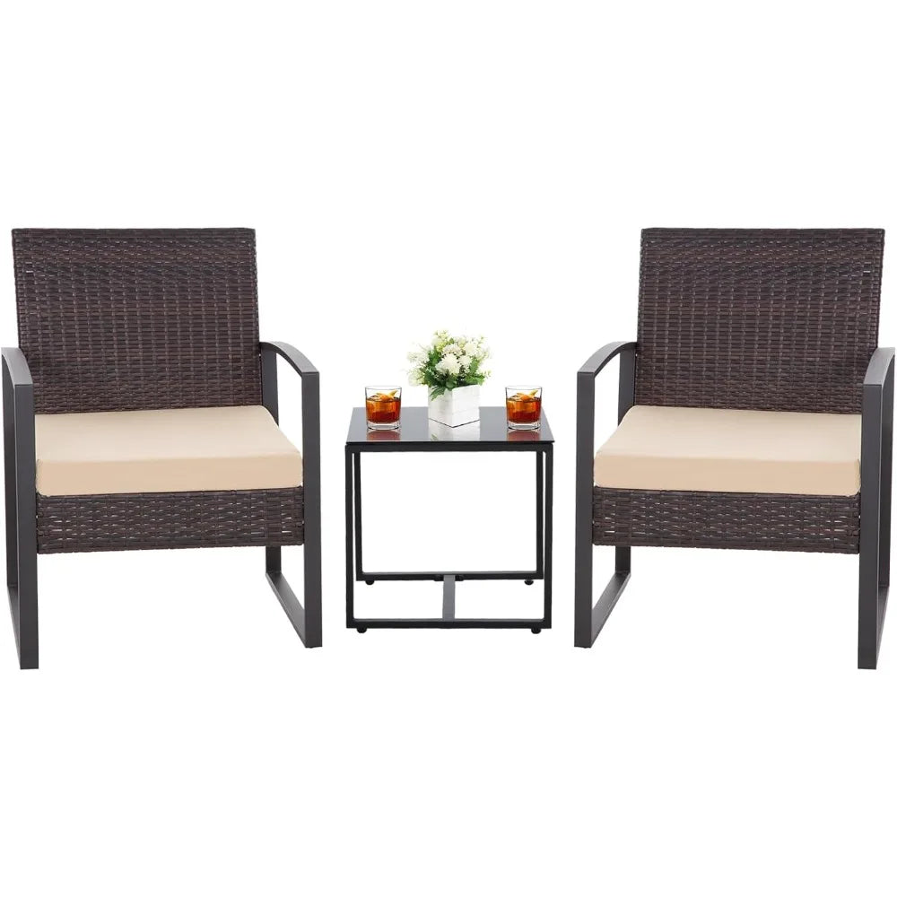 3PCS Outdoor Wicker Patio Furniture Set – Rattan Bistro Chairs & Glass Table with Cushions for Garden & Deck