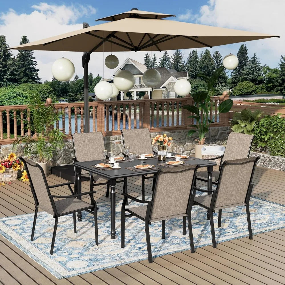 7-Piece Patio Dining Set – 64" Black Rectangular Table & 6 Textilene Chairs with Umbrella Hole