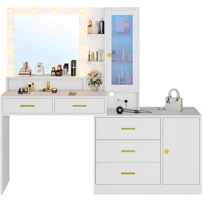 Makeup Vanity with Lights Vanity Desk with Mirror, Large Vanity Table Set with Drawer Dresser, Charging Station & RGB Cabinets - Homeward Trends