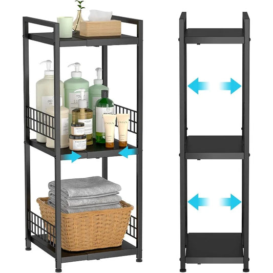 3-Tier Expandable Metal Shelving Unit, Free-Standing Narrow Floor Shelf