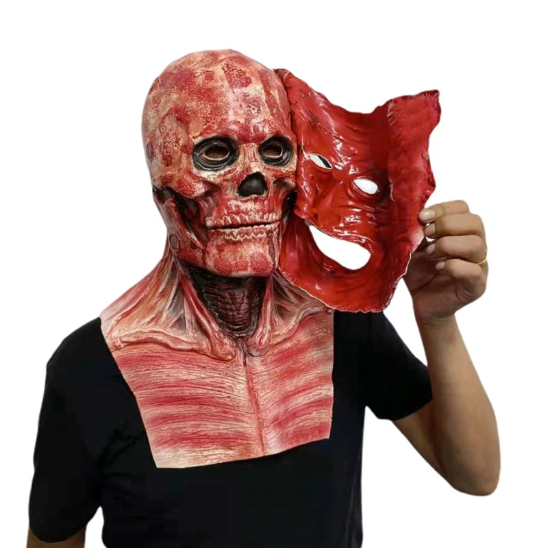 Bloody Skeleton Latex Mask – Double Rip Halloween Prop for Scary Cosplay & Party