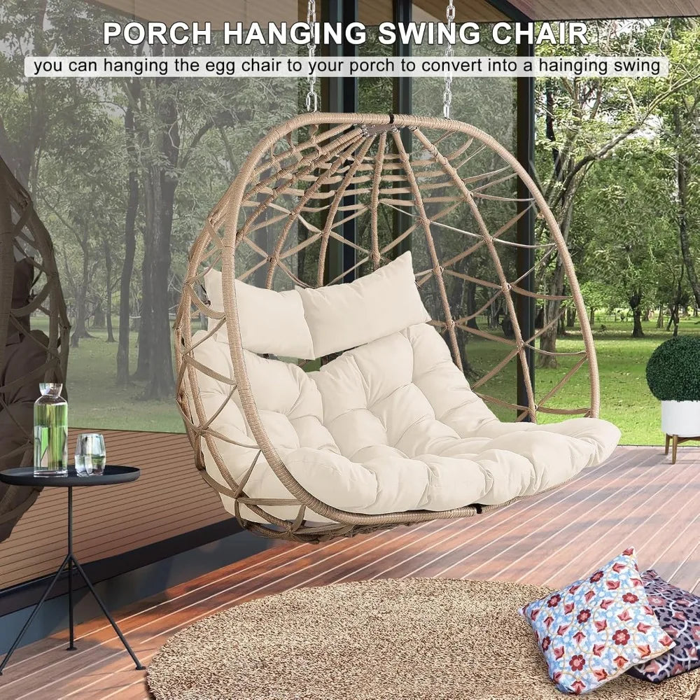 2-Person Wicker Egg Swing Chair with Stand – Outdoor Patio Hanging Chair with Cushions & Pillows