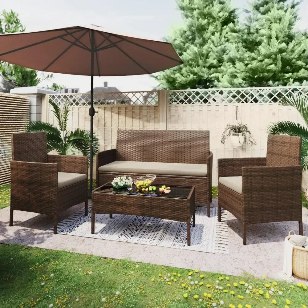 4-Piece Outdoor Wicker Rattan Patio Furniture Set – Sofa & Chairs with Soft Cushions and Glass Table