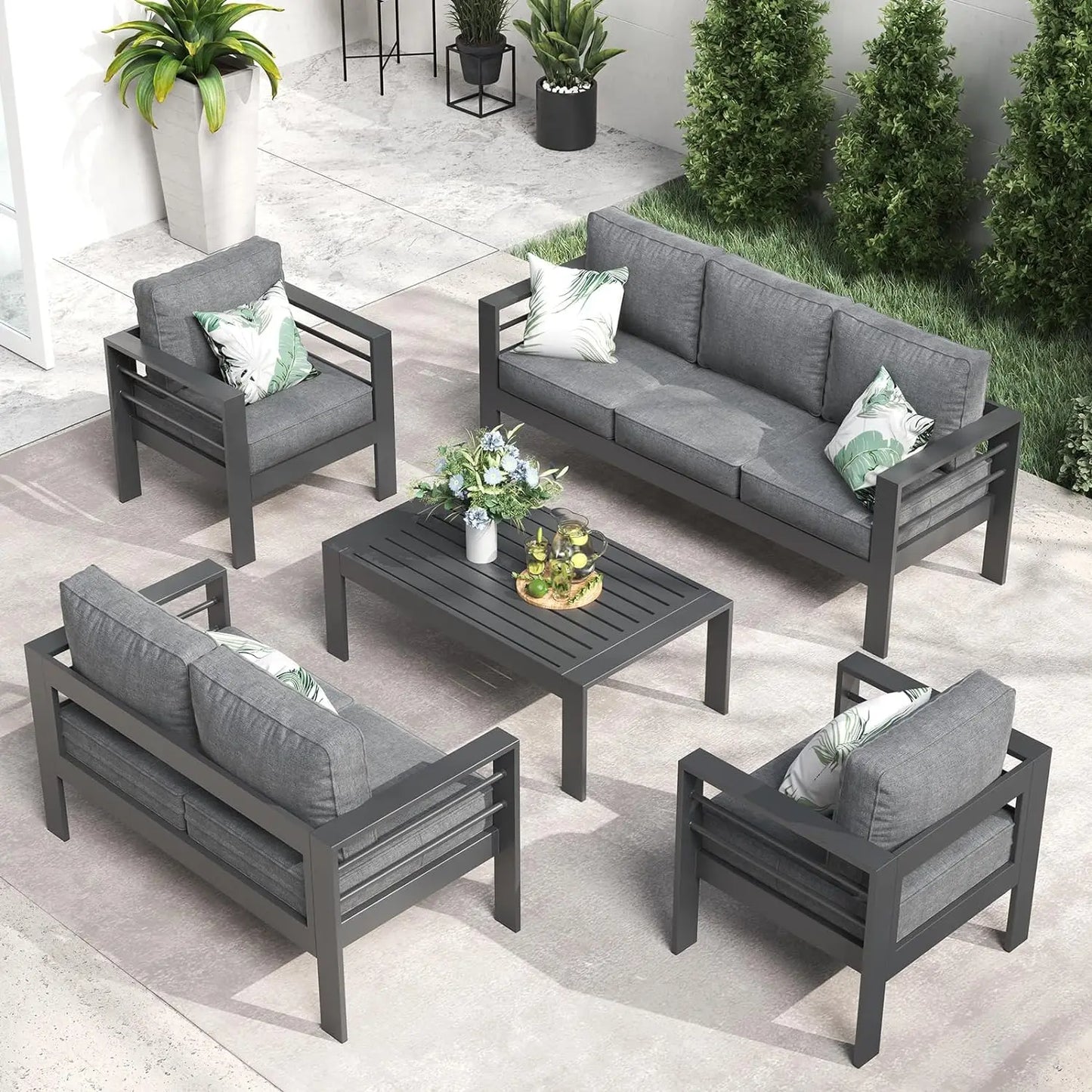 5-Piece Aluminum Patio Furniture Set with Fire Pit Table – Modern Outdoor Sectional Sofa Conversation Set