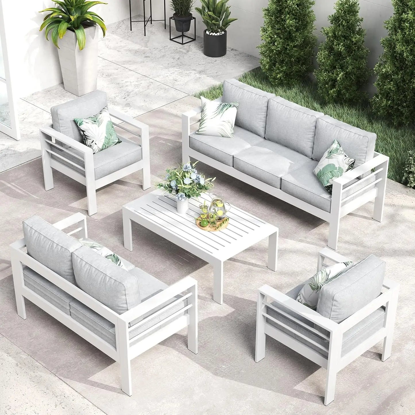 5-Piece Aluminum Patio Furniture Set with Fire Pit Table – Modern Outdoor Sectional Sofa Conversation Set