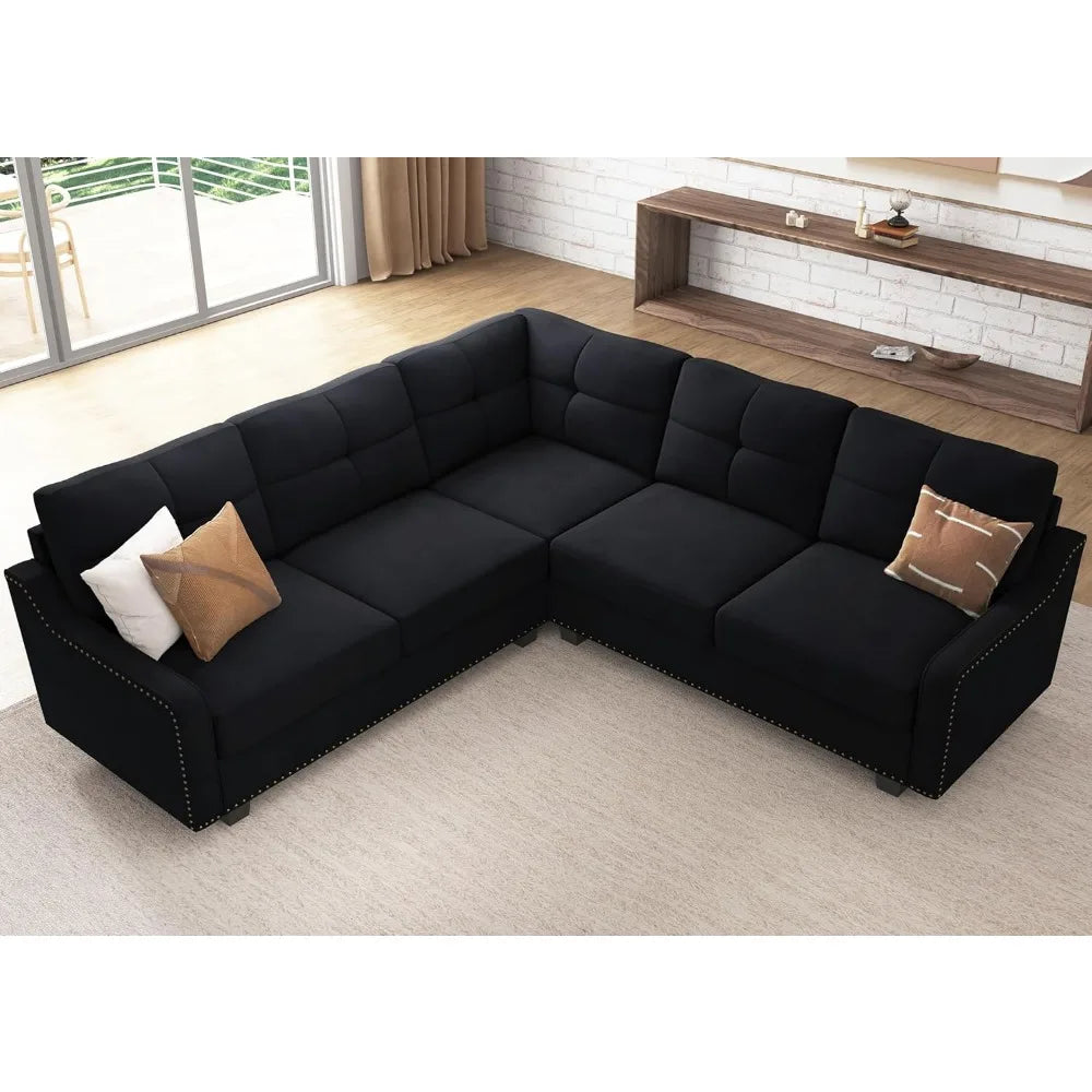 Convertible L-Shaped Velvet Sofa for Small Apartments – Reversible Sectional Couch in Black