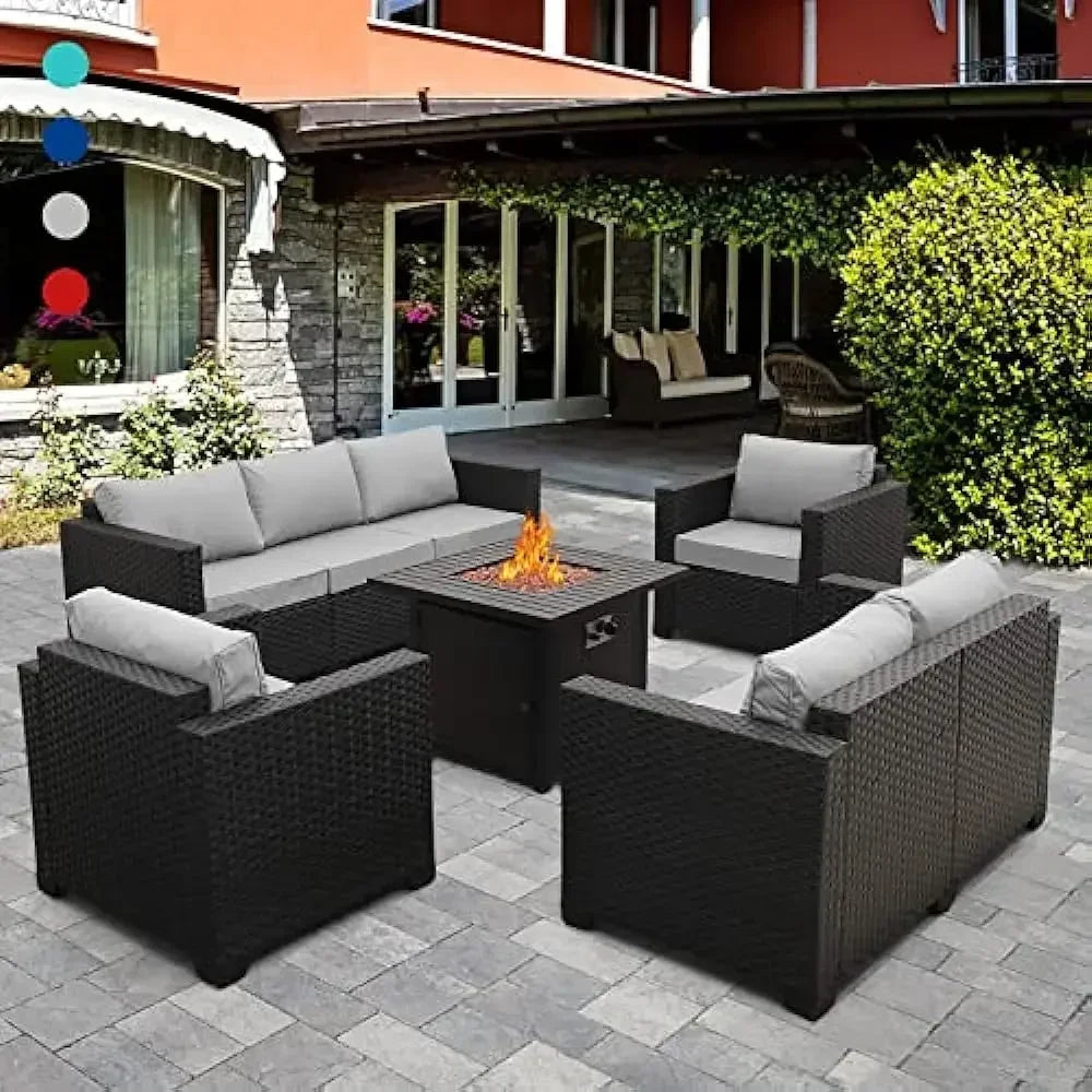 5-Piece Outdoor Wicker Patio Furniture Set – 45" Fire Pit Table, No-Slip Cushions & Waterproof Cover