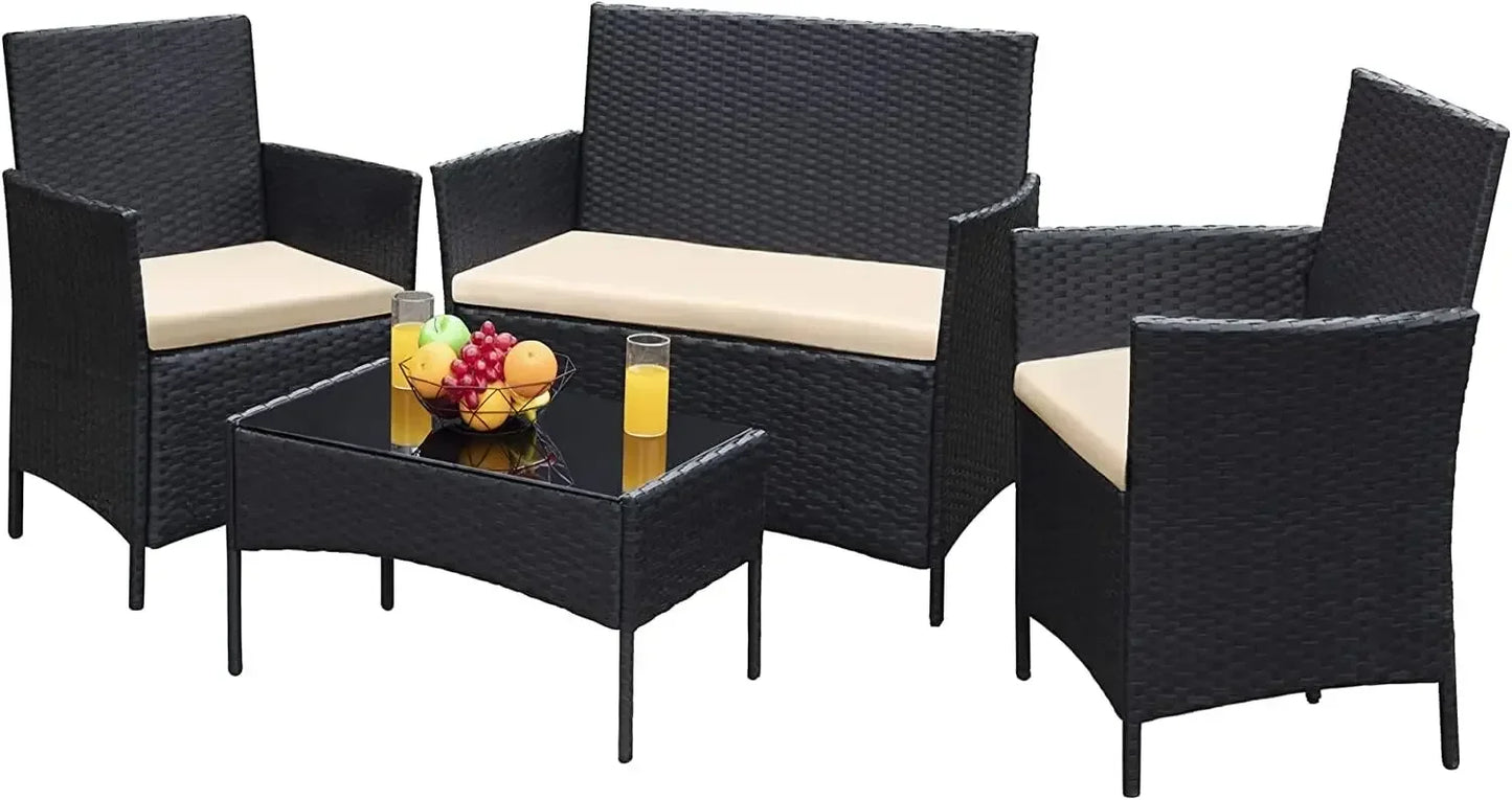 4-Piece Outdoor Wicker Rattan Patio Furniture Set – Sofa & Chairs with Soft Cushions and Glass Table