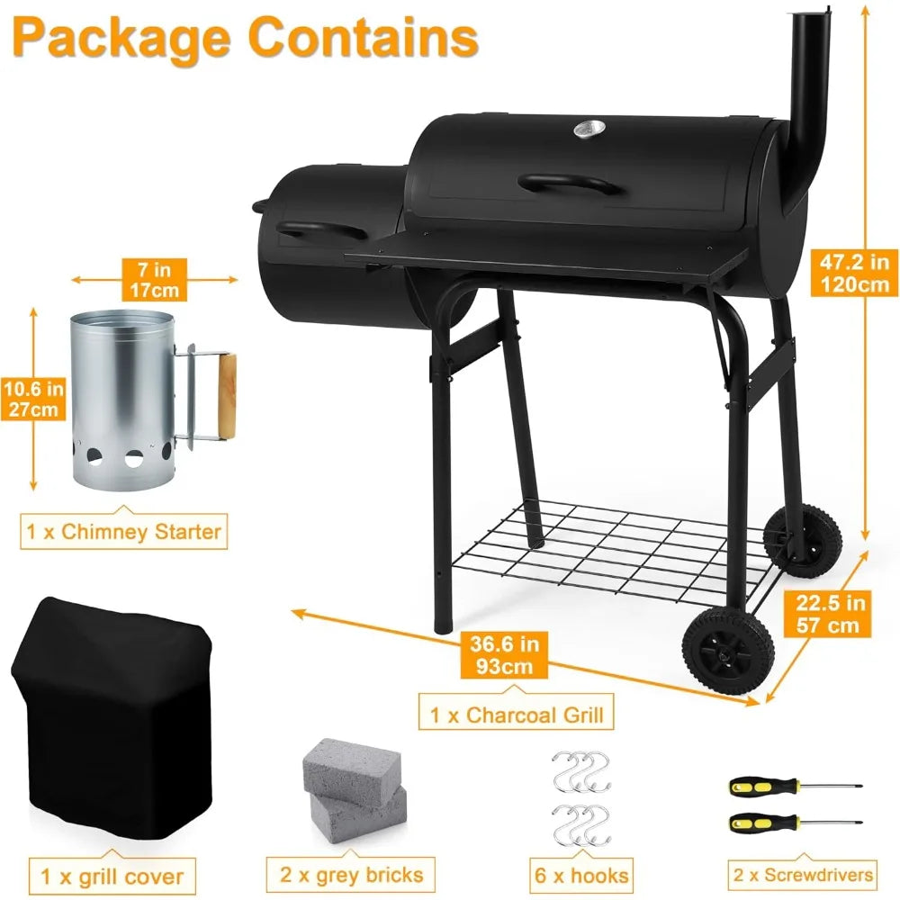 Charcoal Grill with Offset Smoker, 13 Pcs Outdoor Charcoal Grill with Smoker, 445 Sq.in Barrel BBQ Grill with Cover - Homeward Trends