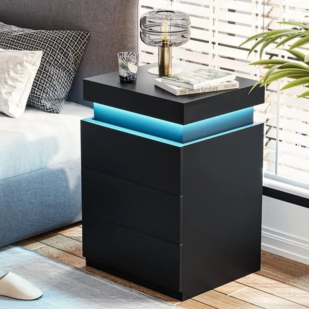 LED Bedside Table With 3 Bedroom Drawers 16-color Lights and 2 AC and 2 USB Ports Bedside Tables for the Bedroom Nightstands - Homeward Trends