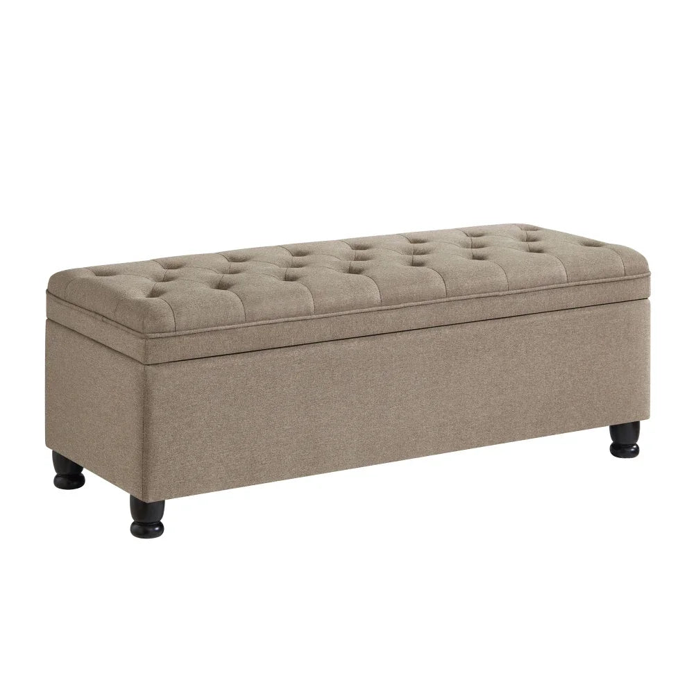 Upholstered Tufted Storage Ottoman Bench – Linen Fabric with Spindle Wooden Legs for Entryway or Bedroom