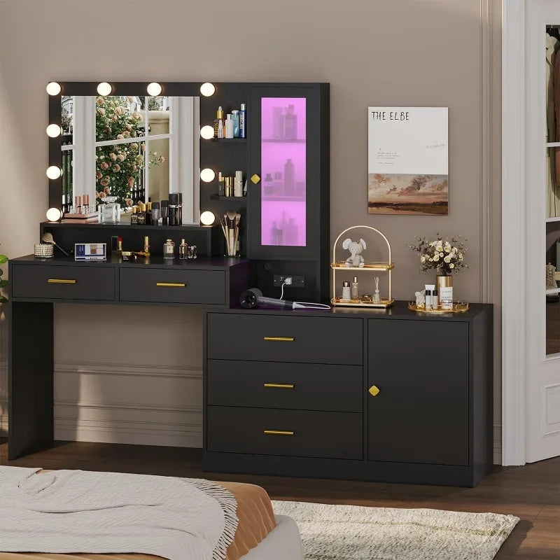 Makeup Vanity with Lights Vanity Desk with Mirror, Large Vanity Table Set with Drawer Dresser, Charging Station & RGB Cabinets - Homeward Trends