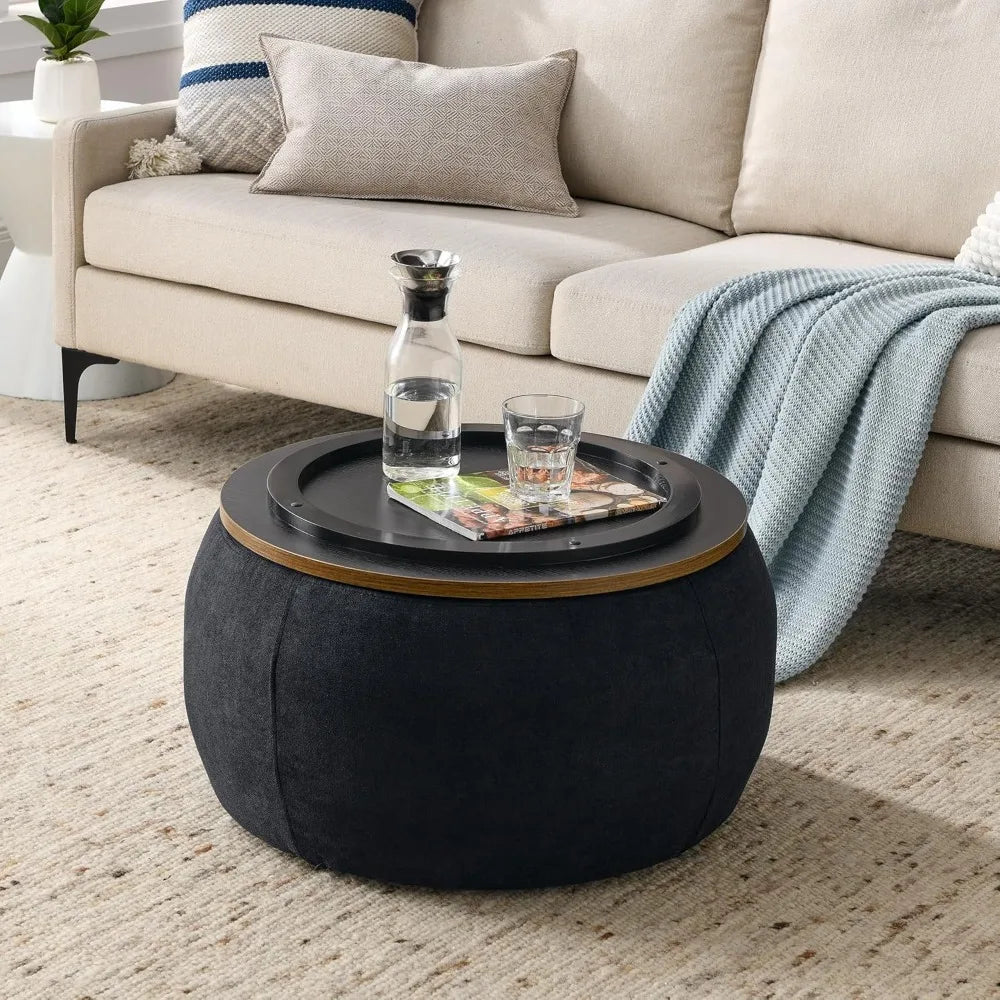 Modern Round Storage Ottoman with Wooden Lid – Handmade Coffee Table, End Table & Footstool