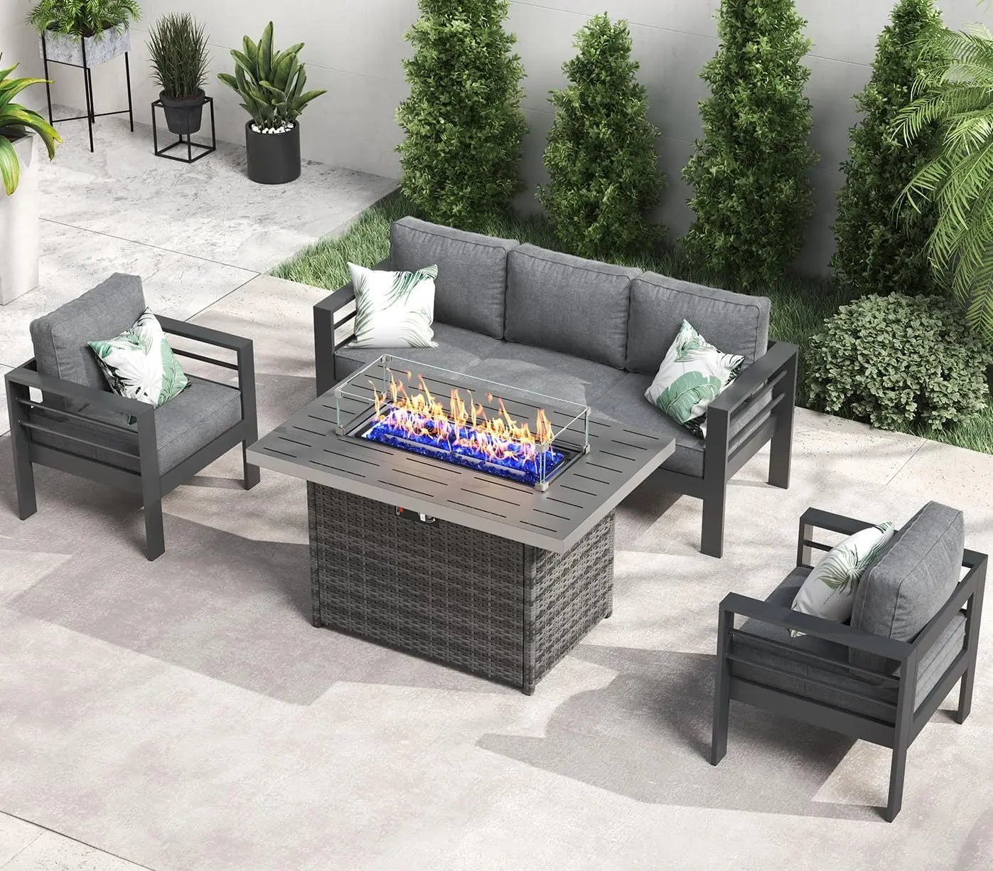 5-Piece Aluminum Patio Furniture Set with Fire Pit Table – Modern Outdoor Sectional Sofa Conversation Set