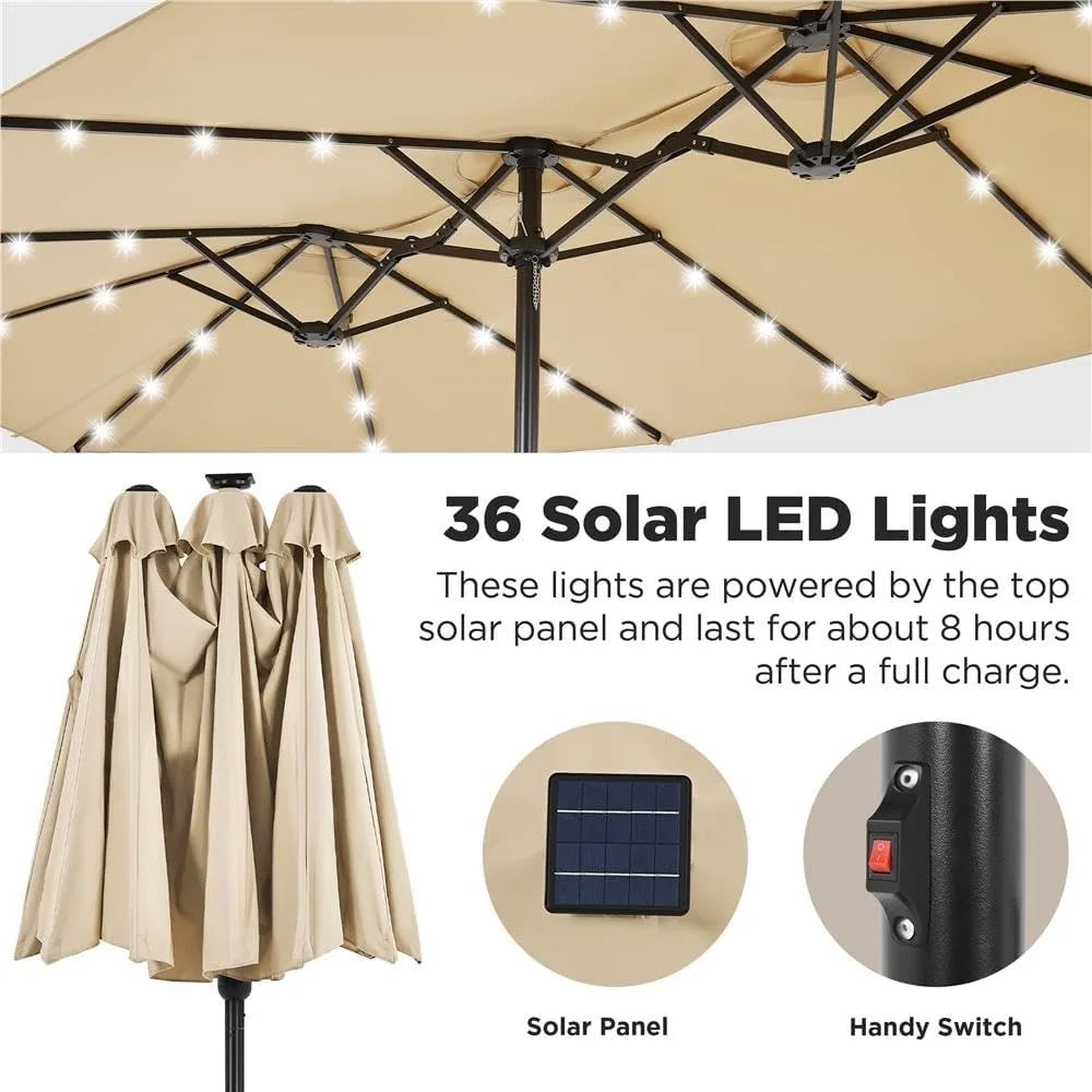 15FT Double-Sided Patio Umbrella – Large Outdoor Market Umbrella with Solar-Powered 36 LED Lights & Base