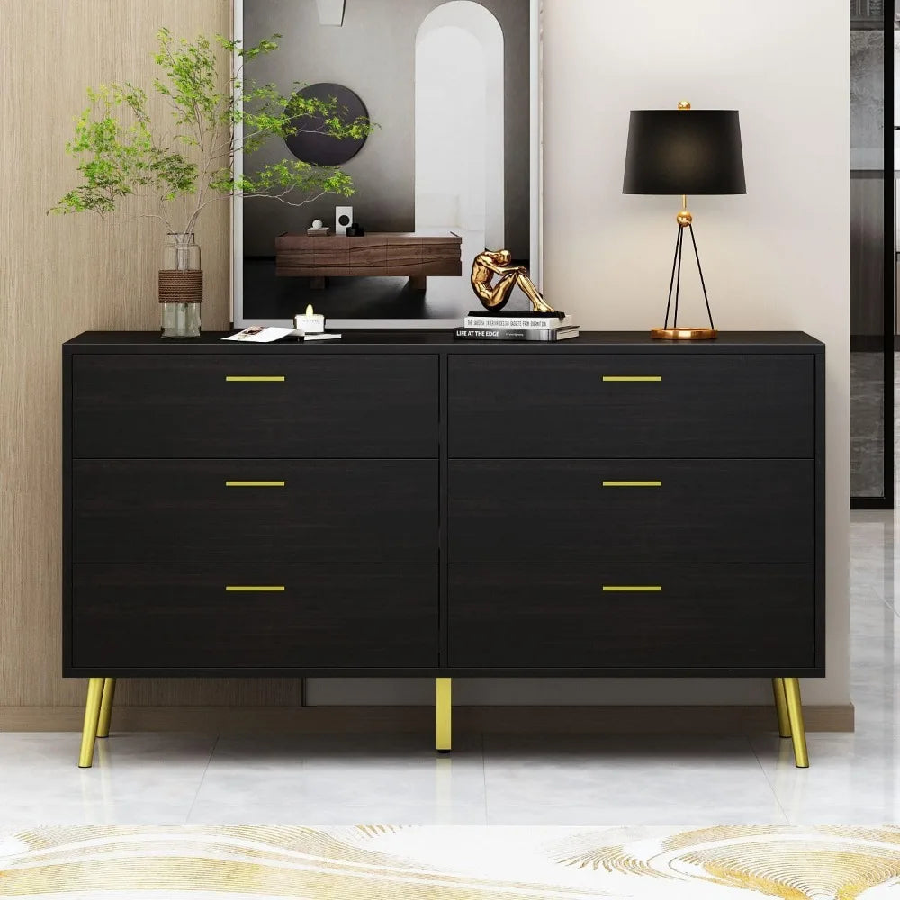 Six Drawer Dresser, Drawer Chest Six Drawer Cabinet with Gold Metal Legs, Modern & Contemporary Dresser - Homeward Trends