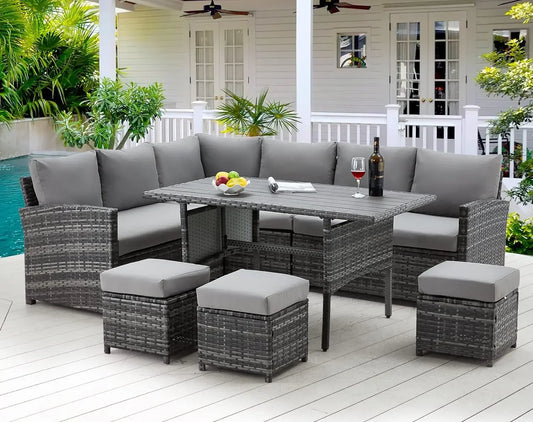 Patio Furniture Set 7 Pieces Outdoor Patio Furniture with Dining Table&Chair All Weather Wicker Conversation Set withOttoman - Homeward Trends