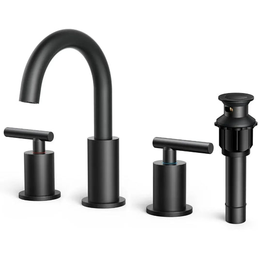 8-Inch Black Bathroom Faucet, 3-Hole Widespread with Pop-Up Drain, 2-Handle Vanity Faucet