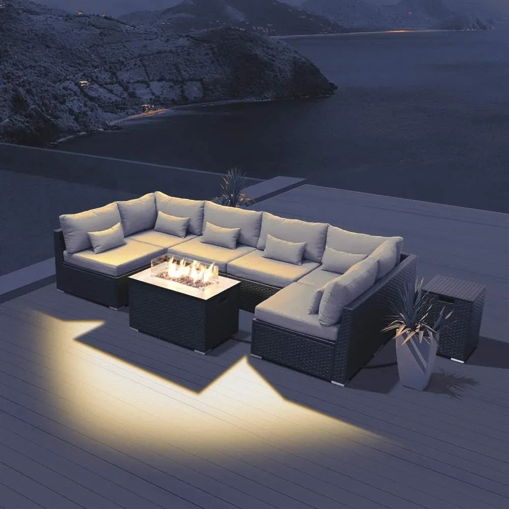 Outdoor Patio Sofa Set with Propane Fire Pit Table – Modern Outdoor Furniture for Deck & Garden