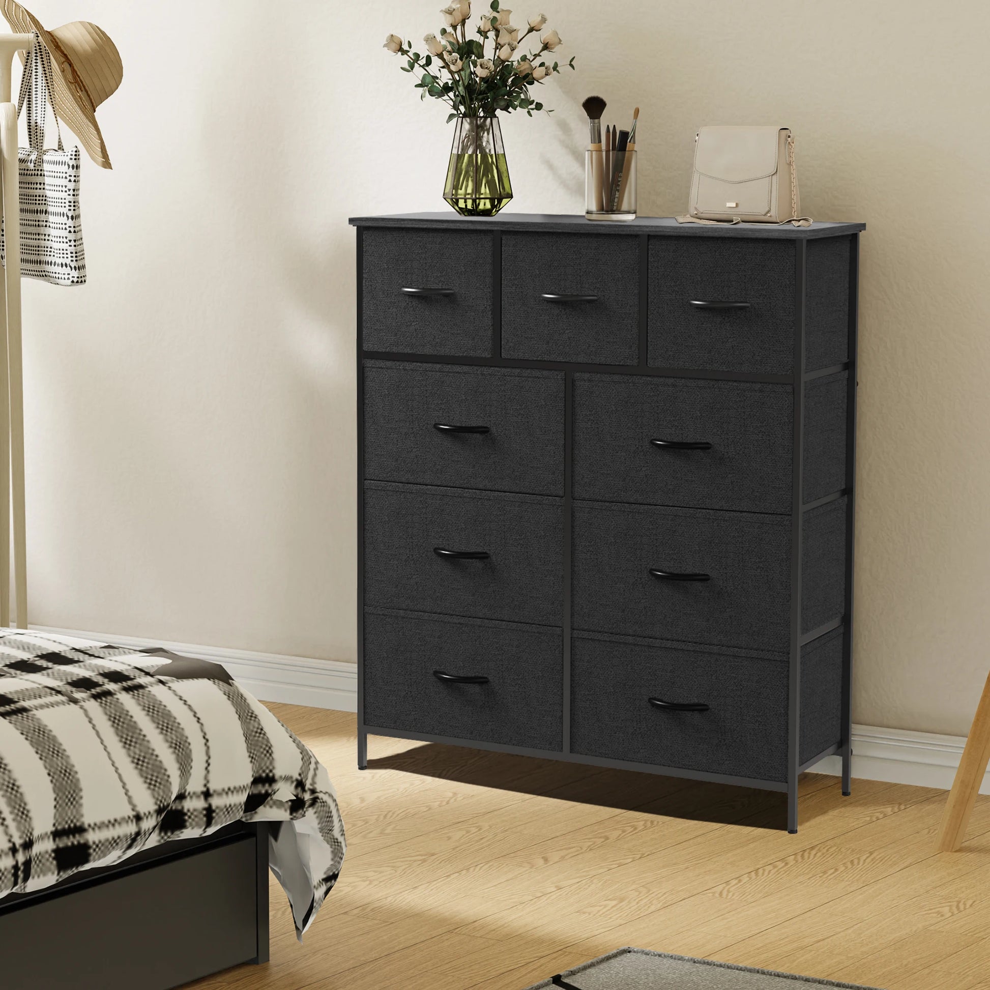 Dresser For Bedroom With 9 Fabric Storage Drawer Wardrobe Tall Chest Organizer Closet Adult Kids Clothes Wood Cabinet Furniture - Homeward Trends