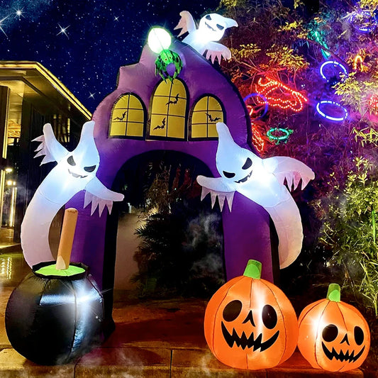 9FT Halloween Decoration Inflatable Castle Archway Blow Up Spider Ghosts Pumpkins Cauldron Built-in Lights for Outdoor Yard Lawn - Homeward Trends