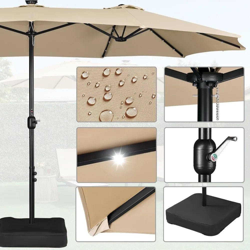 15FT Double-Sided Patio Umbrella – Large Outdoor Market Umbrella with Solar-Powered 36 LED Lights & Base