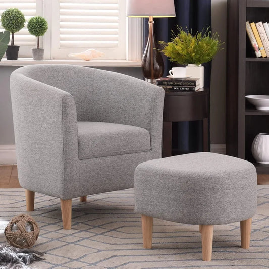 Mid-Century Modern Upholstered Barrel Armchair & Footrest Set - Comfy Fabric Chair for Living Room/Bedroom