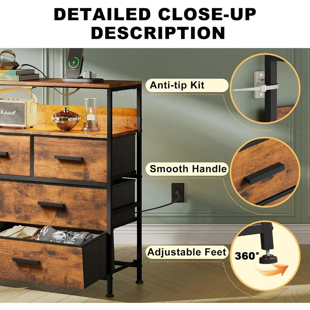 Dresser for Bedroom Dresser TV Cabinet With LED Lights and Power Socket Chest of Drawers TV Up to 45 Inches Furniture Home - Homeward Trends