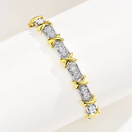 High Carbon Diamond Bangles for Women - S925 Silver Two-Tone XO Row of Diamonds Hand Chain Jewelry - Homeward Trends