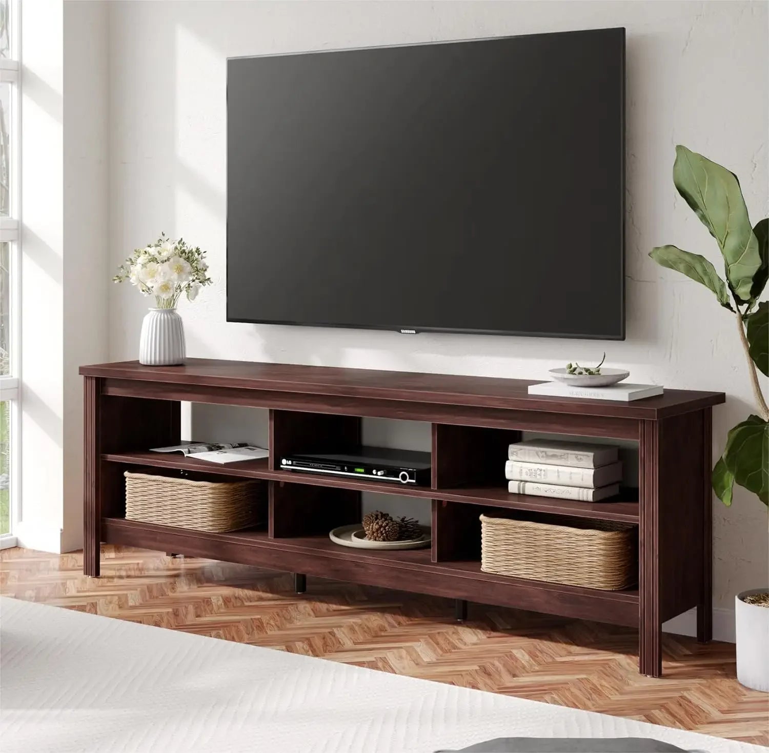 70" TV Stand for Living Room, Modern Wooden Entertainment Center w/ 6 Storage Cubby, Bedroom TV Stand - Homeward Trends