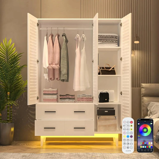 3 Door Armoire Wardrobe Closet Cabinet with Drawers and LED Lights, Multi-Tier Shelves, Hanging Rod & 3 Louver Doors - Homeward Trends