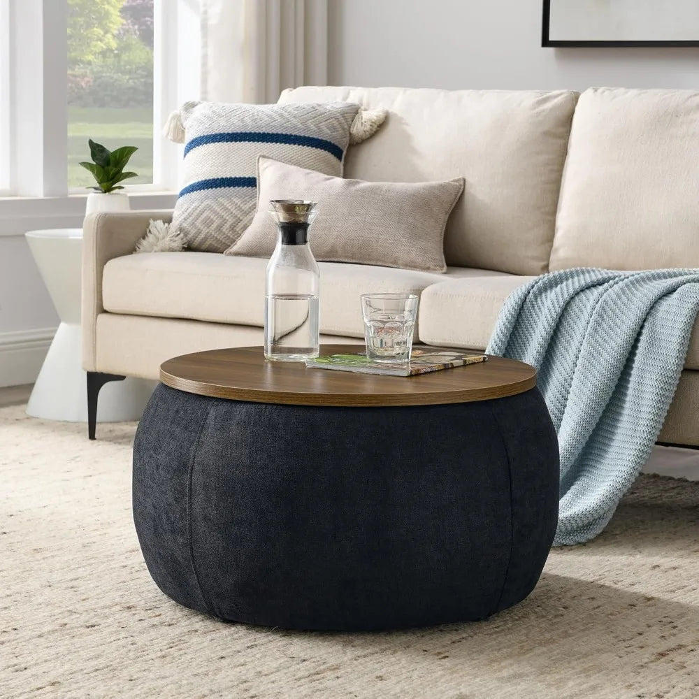 Modern Round Storage Ottoman with Wooden Lid – Handmade Coffee Table, End Table & Footstool