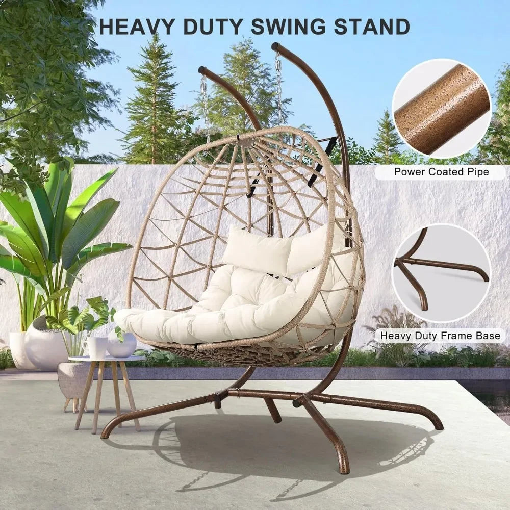 2-Person Wicker Egg Swing Chair with Stand – Outdoor Patio Hanging Chair with Cushions & Pillows