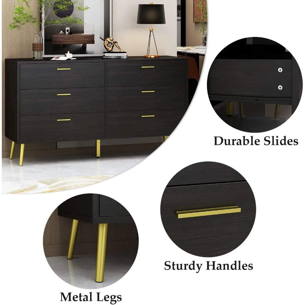 Six Drawer Dresser, Drawer Chest Six Drawer Cabinet with Gold Metal Legs, Modern & Contemporary Dresser - Homeward Trends