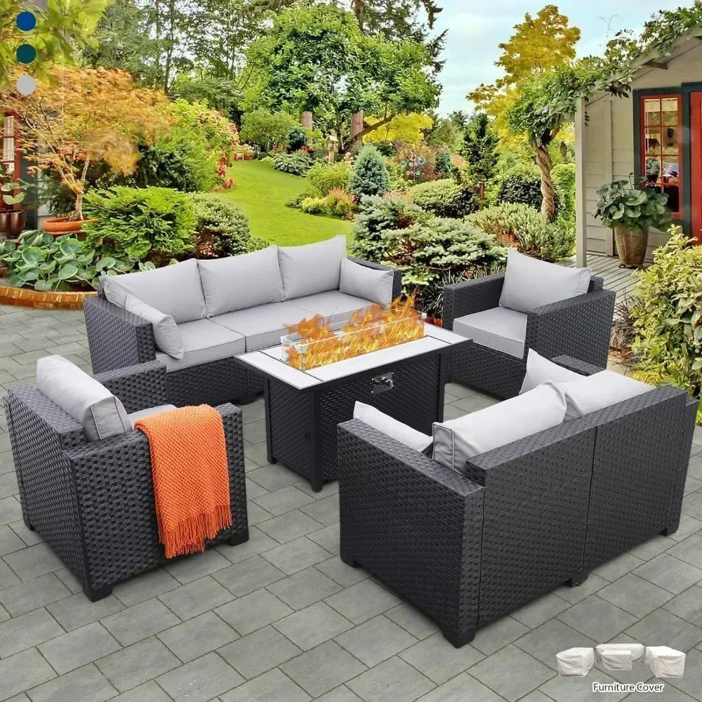 5-Piece Outdoor Wicker Patio Furniture Set – 45" Fire Pit Table, No-Slip Cushions & Waterproof Cover