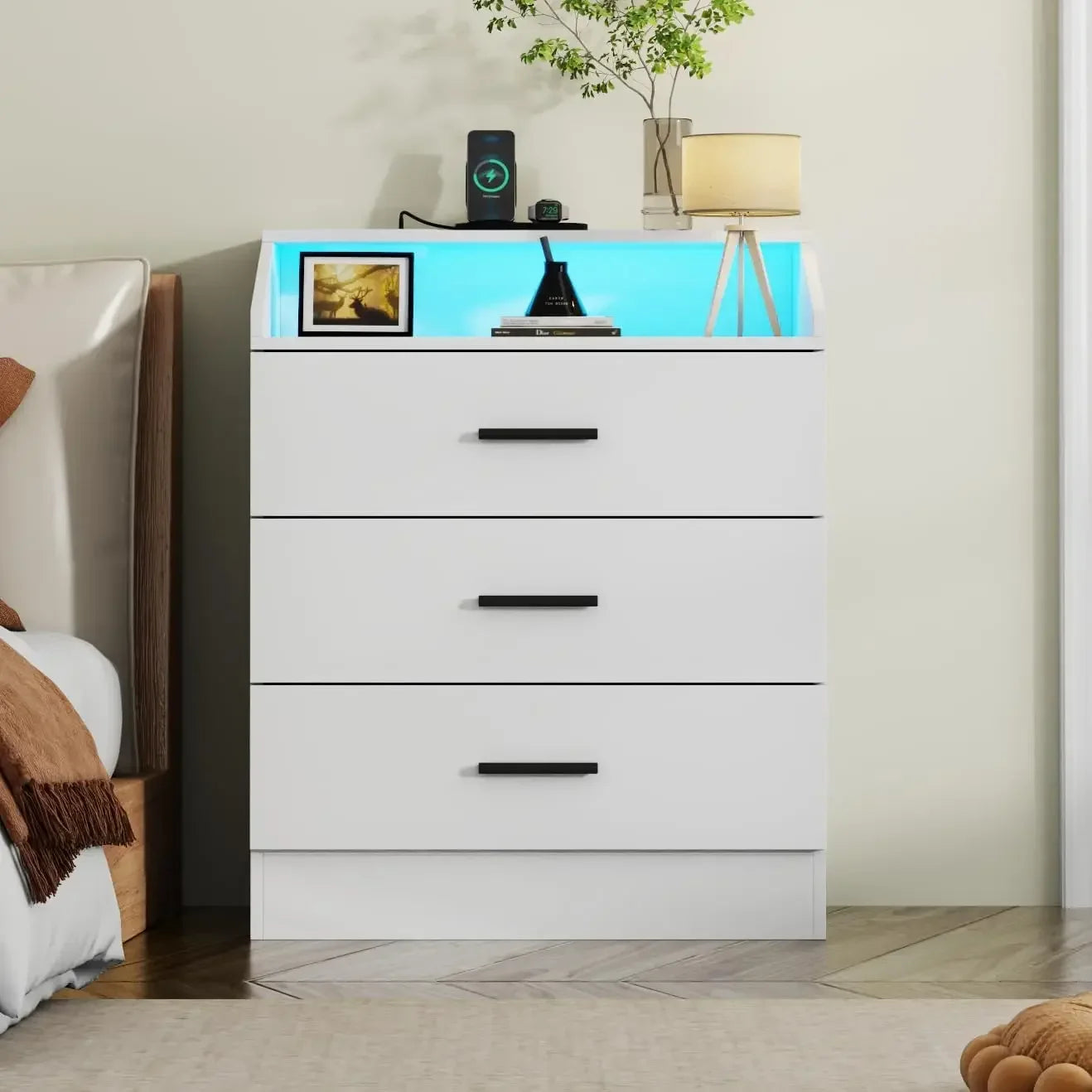 Dresser with Power Outlet, Chest of Drawers with LED Light, White Dresser Organizer with Open Storage Cubby, Modern Nightstand - Homeward Trends