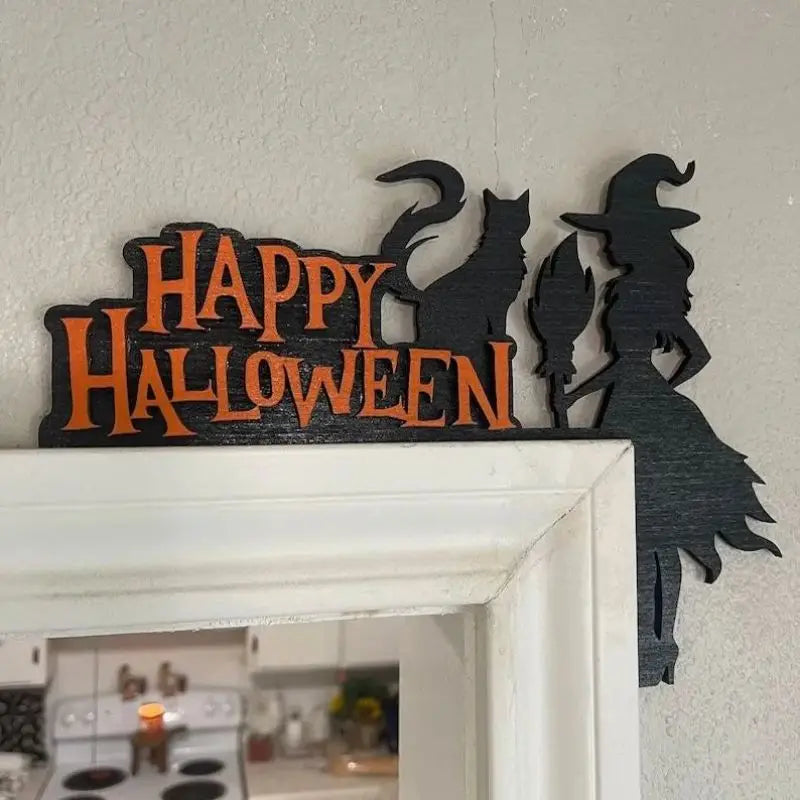 Spooky Pumpkin & Witch Halloween Wooden Door Topper – Horror Atmosphere Craft Décor