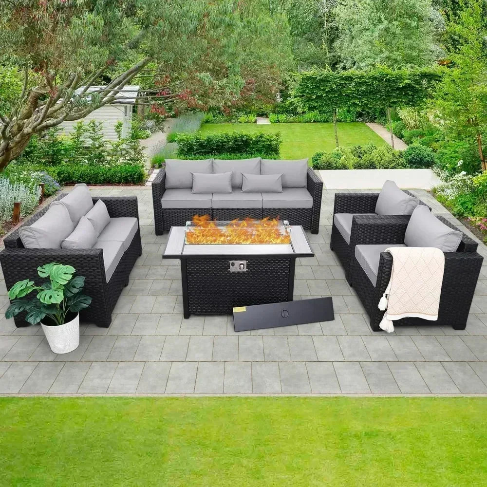 5-Piece Outdoor Wicker Patio Furniture Set – 45" Fire Pit Table, No-Slip Cushions & Waterproof Cover