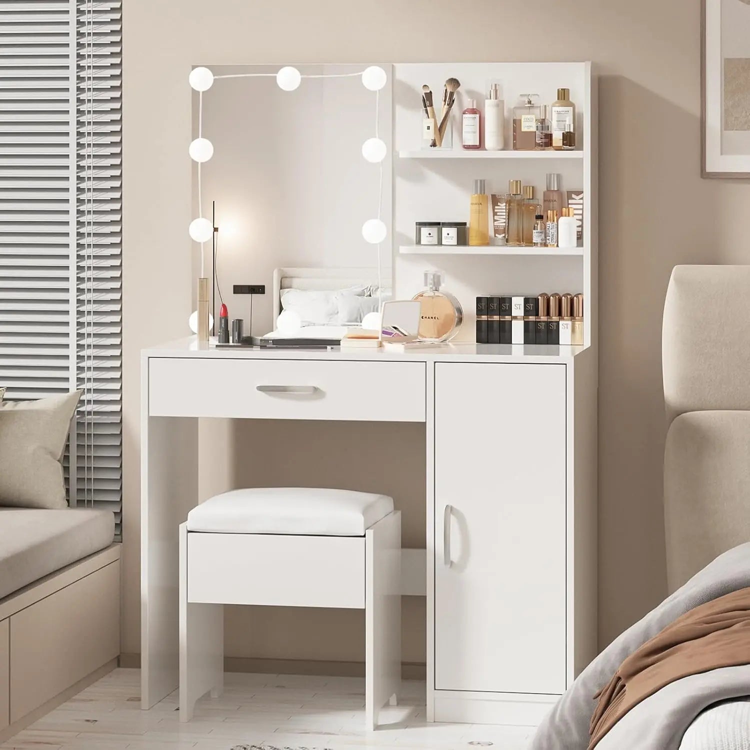 Makeup Vanity with Lights Vanity Desk with Mirror and Lights Set Large Drawer and Two-Tier Lots Storage Cabinet Dresser - Homeward Trends