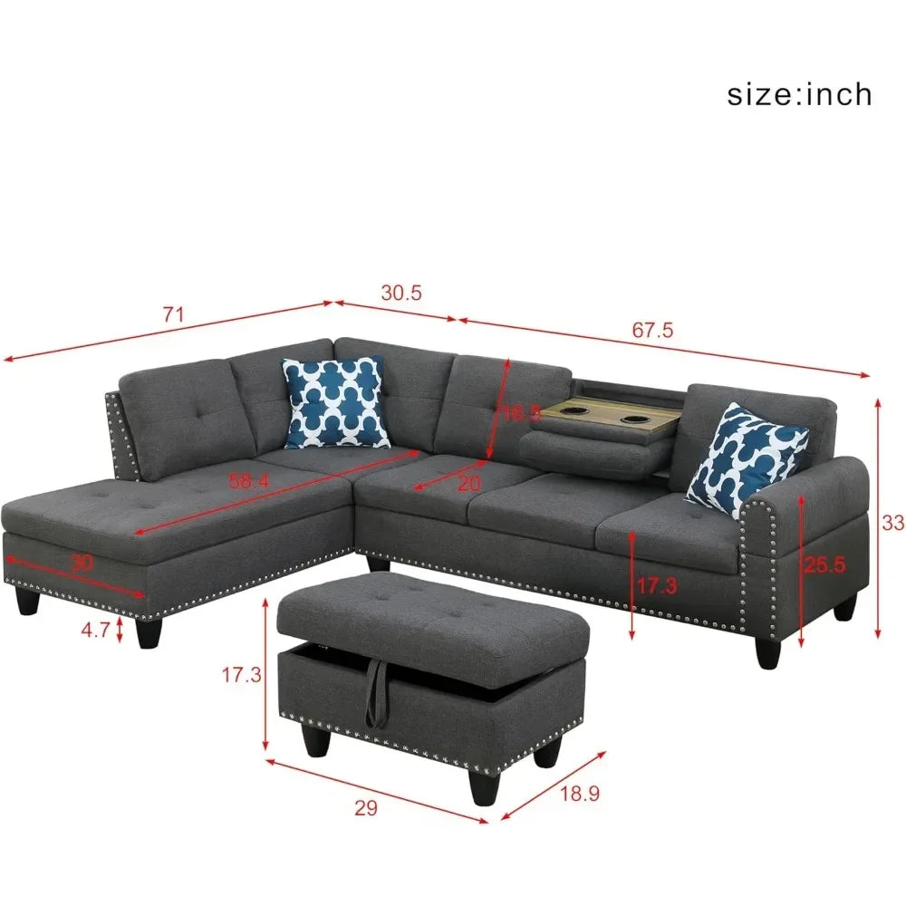 Convertible L-Shaped Sectional Sofa with Storage, Chaise & Cup Holder – 4-Seat Modern Linen Couch for Living Room