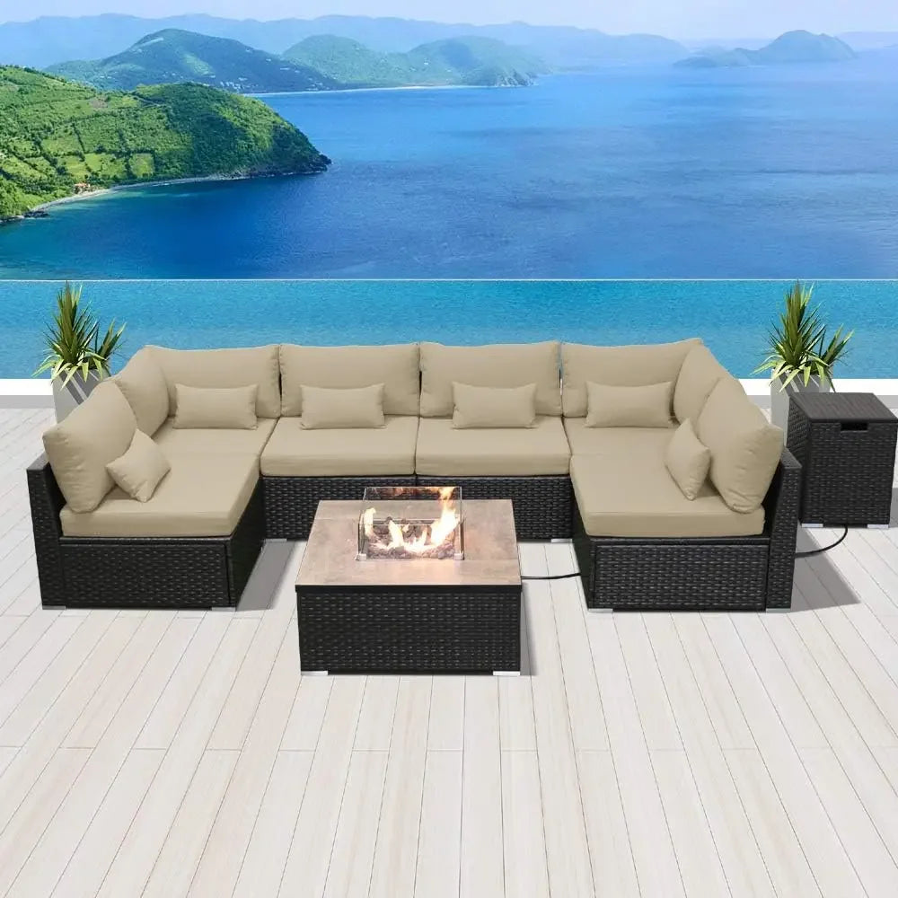 Outdoor Patio Sofa Set with Propane Fire Pit Table – Modern Outdoor Furniture for Deck & Garden