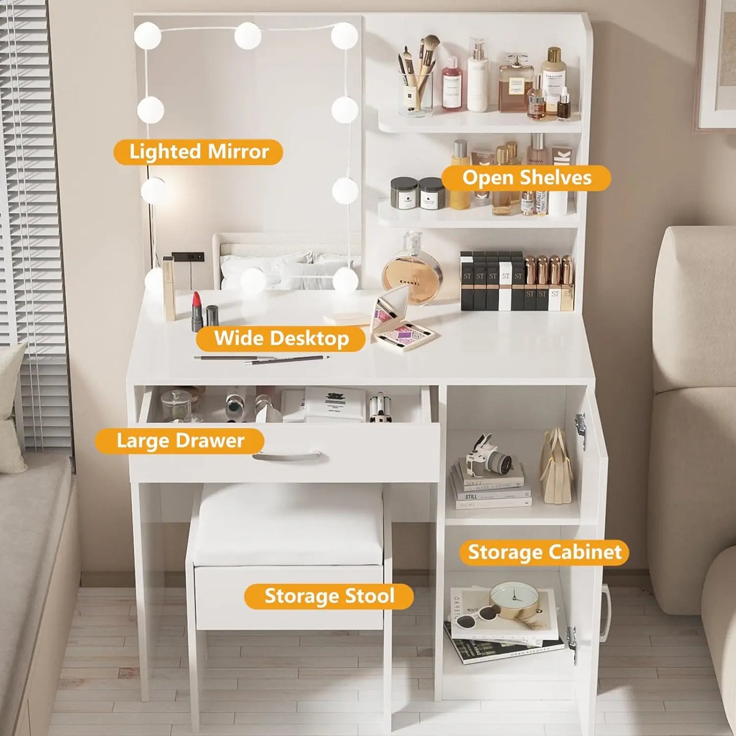 Makeup Vanity with Lights Vanity Desk with Mirror and Lights Set Large Drawer and Two-Tier Lots Storage Cabinet Dresser - Homeward Trends