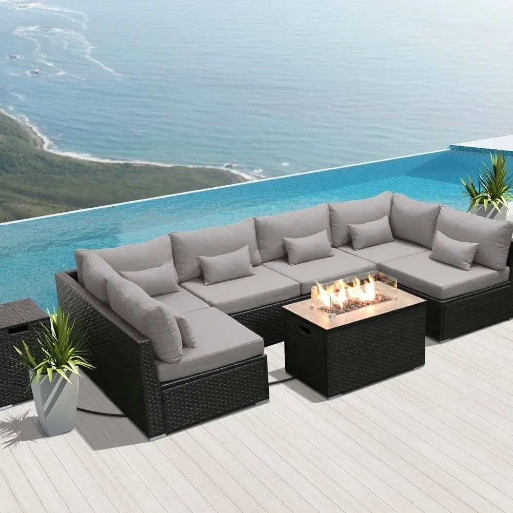 Outdoor Patio Sofa Set with Propane Fire Pit Table – Modern Outdoor Furniture for Deck & Garden