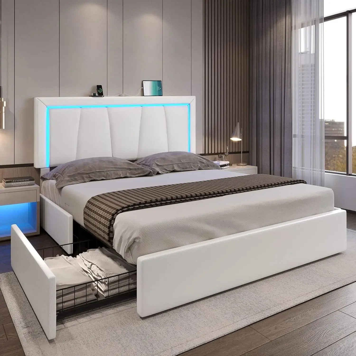 Queen Size LED Bed Frame, with Storage Drawer and USB Port, Modern Faux Leather Upholstered Headboard - Homeward Trends