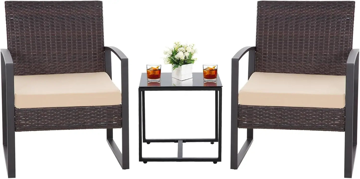 3PCS Outdoor Wicker Patio Furniture Set – Rattan Bistro Chairs & Glass Table with Cushions for Garden & Deck