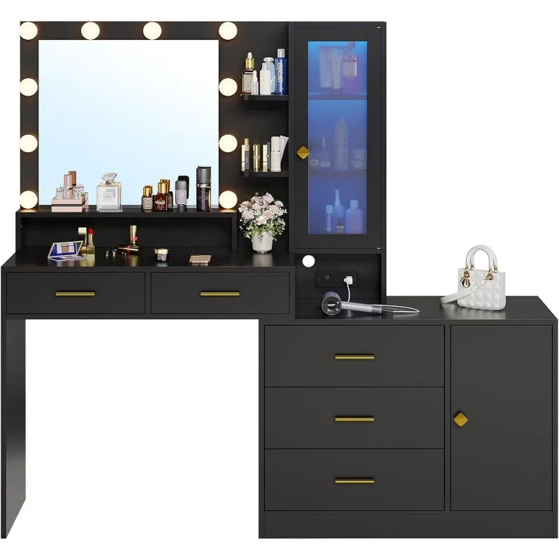 Makeup Vanity with Lights Vanity Desk with Mirror, Large Vanity Table Set with Drawer Dresser, Charging Station & RGB Cabinets - Homeward Trends