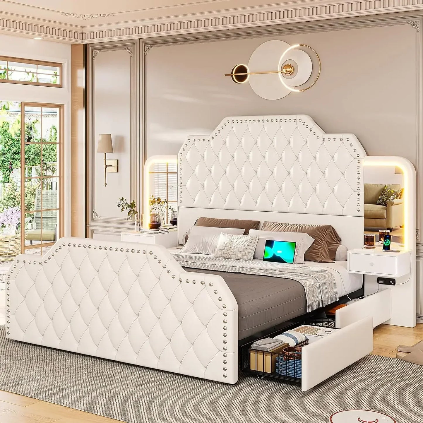 Full Size 53” Tall Platform Bed Frame with 4 Storage Drawers Built in Charging Station & LED Bedroom White Headboards Under Bed - Homeward Trends