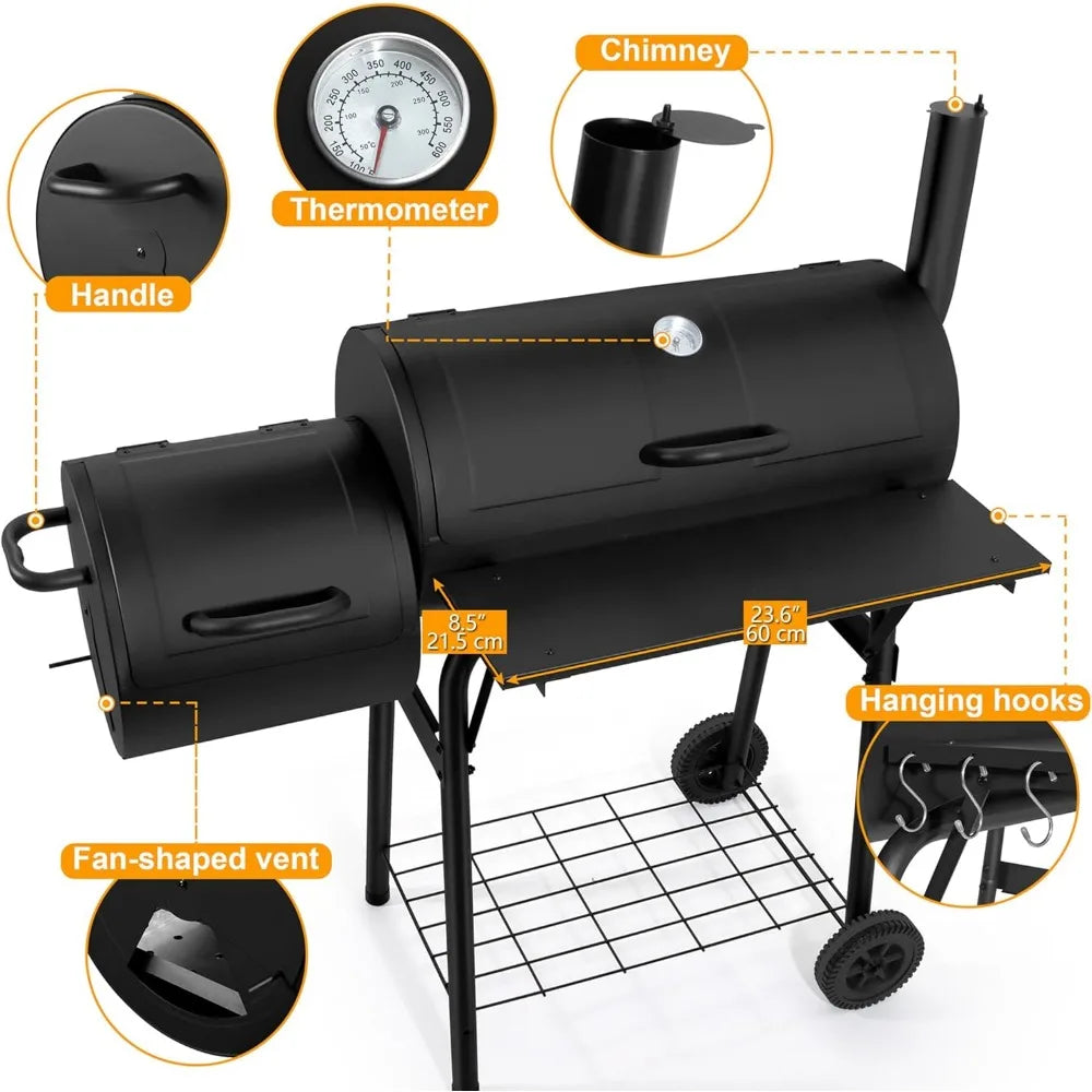 Charcoal Grill with Offset Smoker, 13 Pcs Outdoor Charcoal Grill with Smoker, 445 Sq.in Barrel BBQ Grill with Cover - Homeward Trends