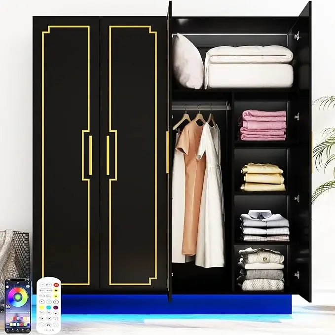 70in LED 4 Doors Armoires Wardrobe Closet&Cabinet with Metal Hanging Rod, Freestanding Bedroom White Tall Armoires with RGB LED - Homeward Trends